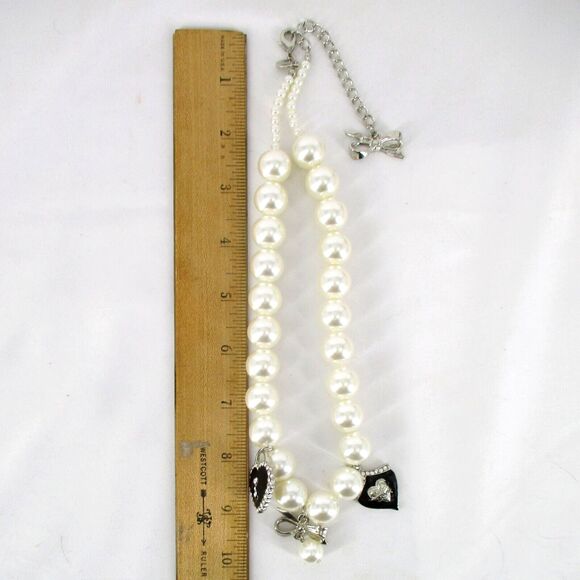 Express 18" Enamel Hearts Bows Chunky Faux Pearls Necklace Rhinestones Silver - Picture 4 of 6